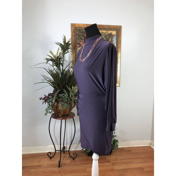 Olive Tree Bodycon Dress Women's Medium Purple Long Sleeve Ruched Stretchy - Picture 4 of 8